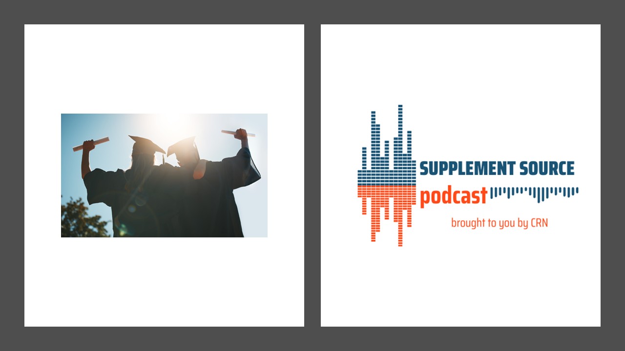 Podcast logo with image of two people wearing caps and gowns.