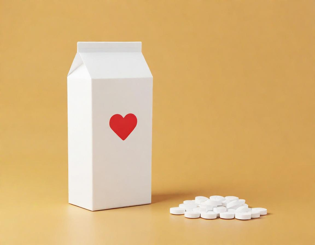 Milk carton with heart on it near calcium tablets.