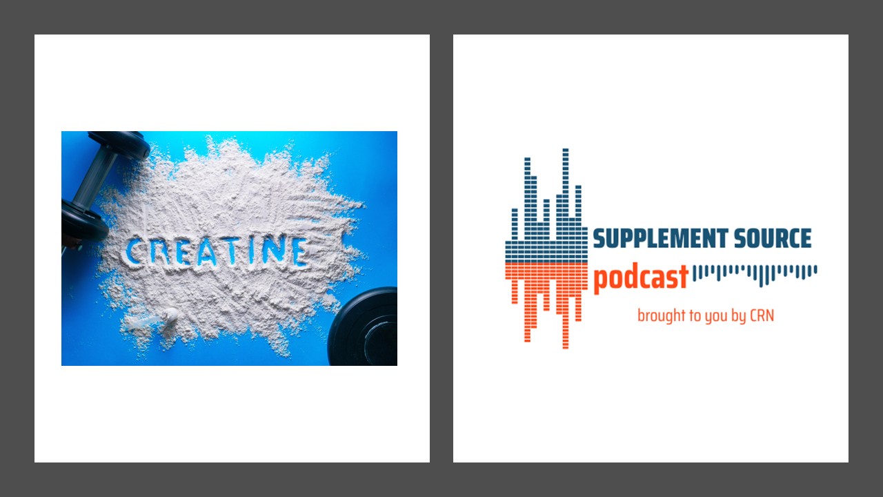 creatine powder in desk and podcast logo